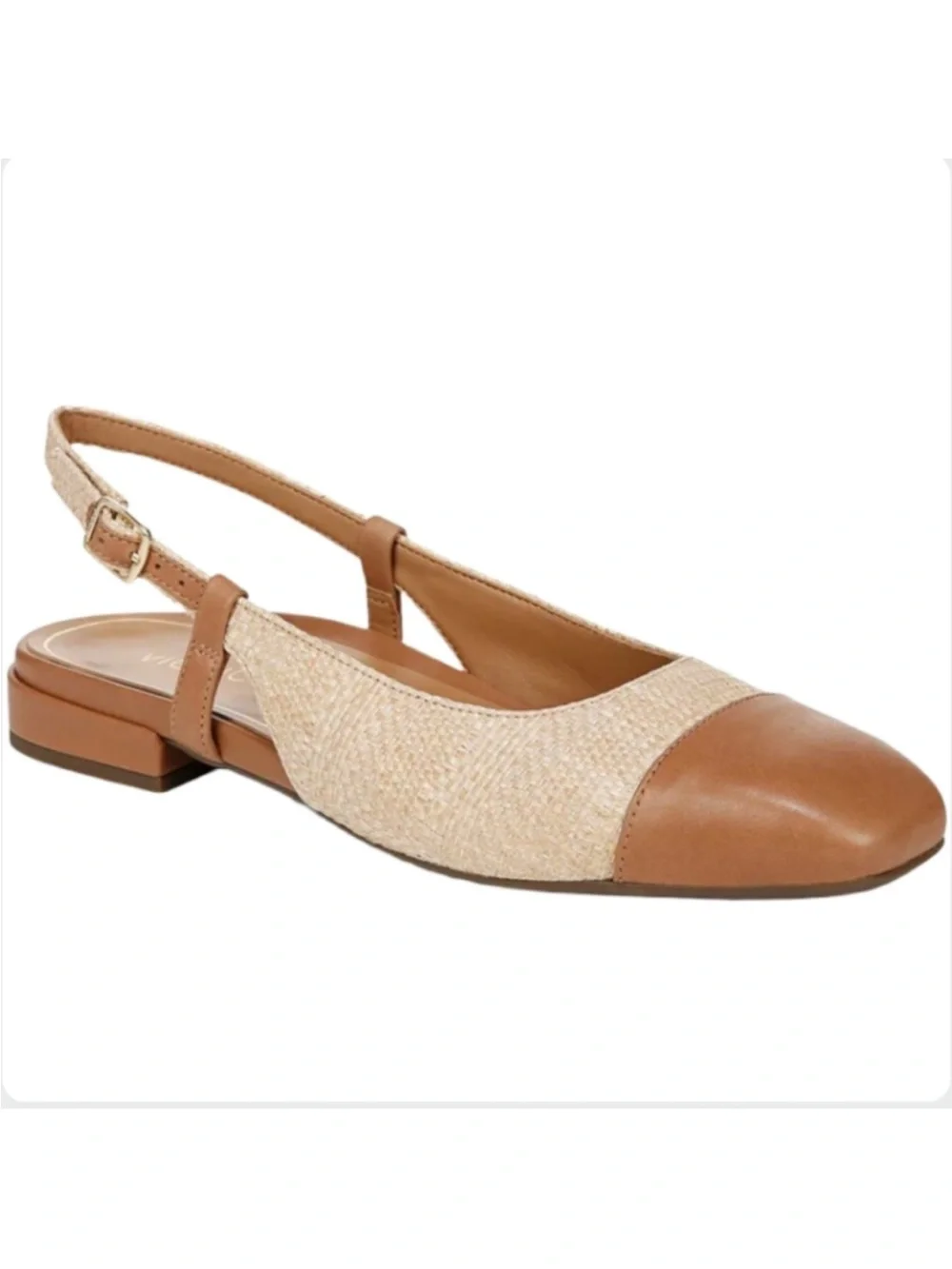 Vionic Petaluma Slingback Cap-Toe Flats  Woven Raffia Tan Leather 9.5